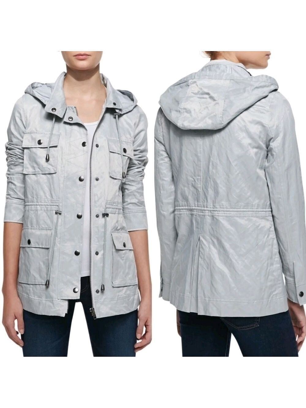 JOIE Vera Jane Hooded Field Utility Trench Coat Jacket Size Small Silver Gray